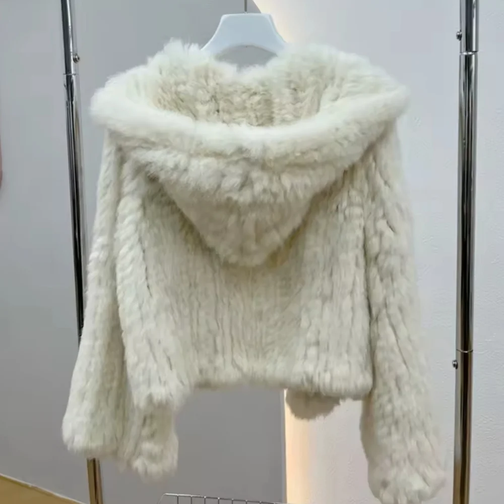 Coat Long Sleeve WomenCasual Loose Knitted Genuine Fur Jacket With HoodFemale - Picture 4 of 5